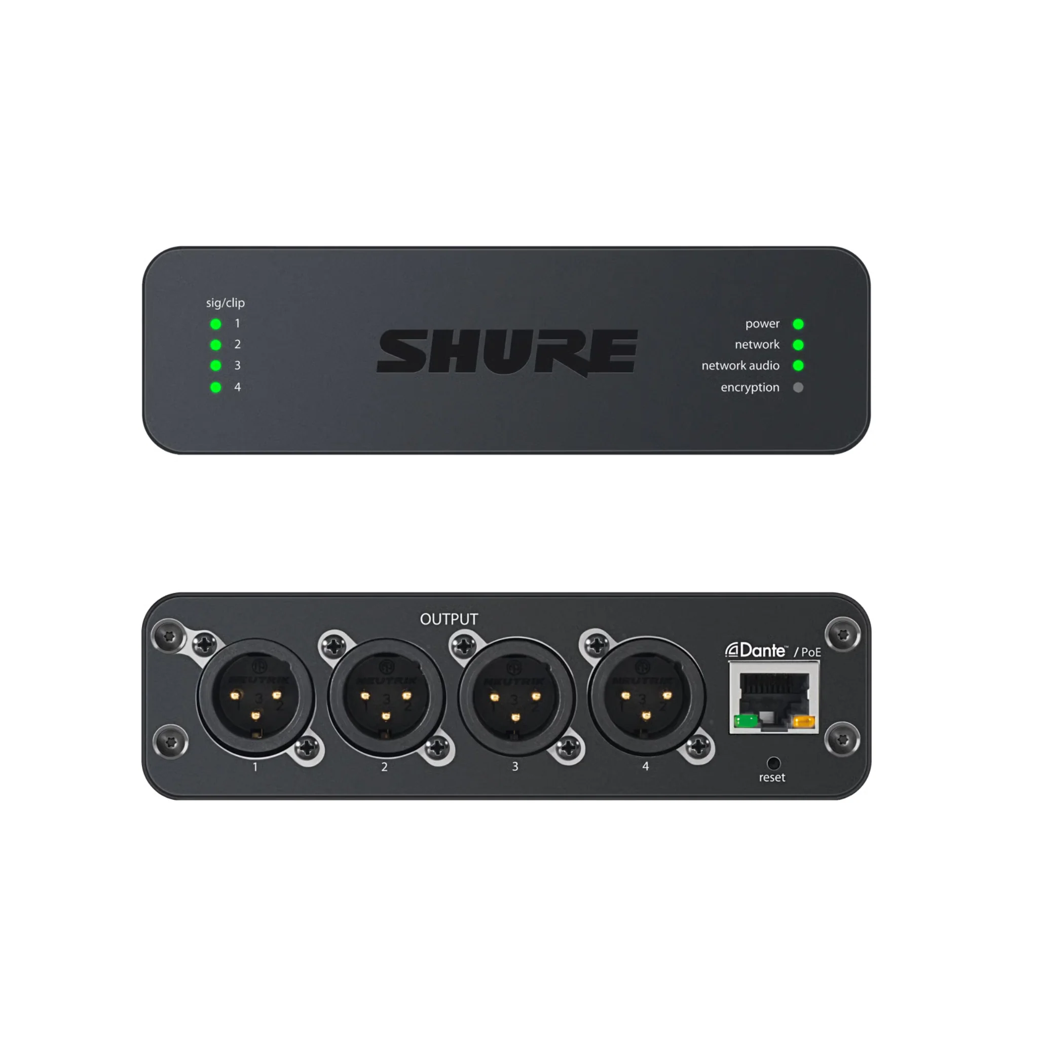 Shure audio network interface with 4 XLR outputs. Audio routing via Dante™ and browser-based control